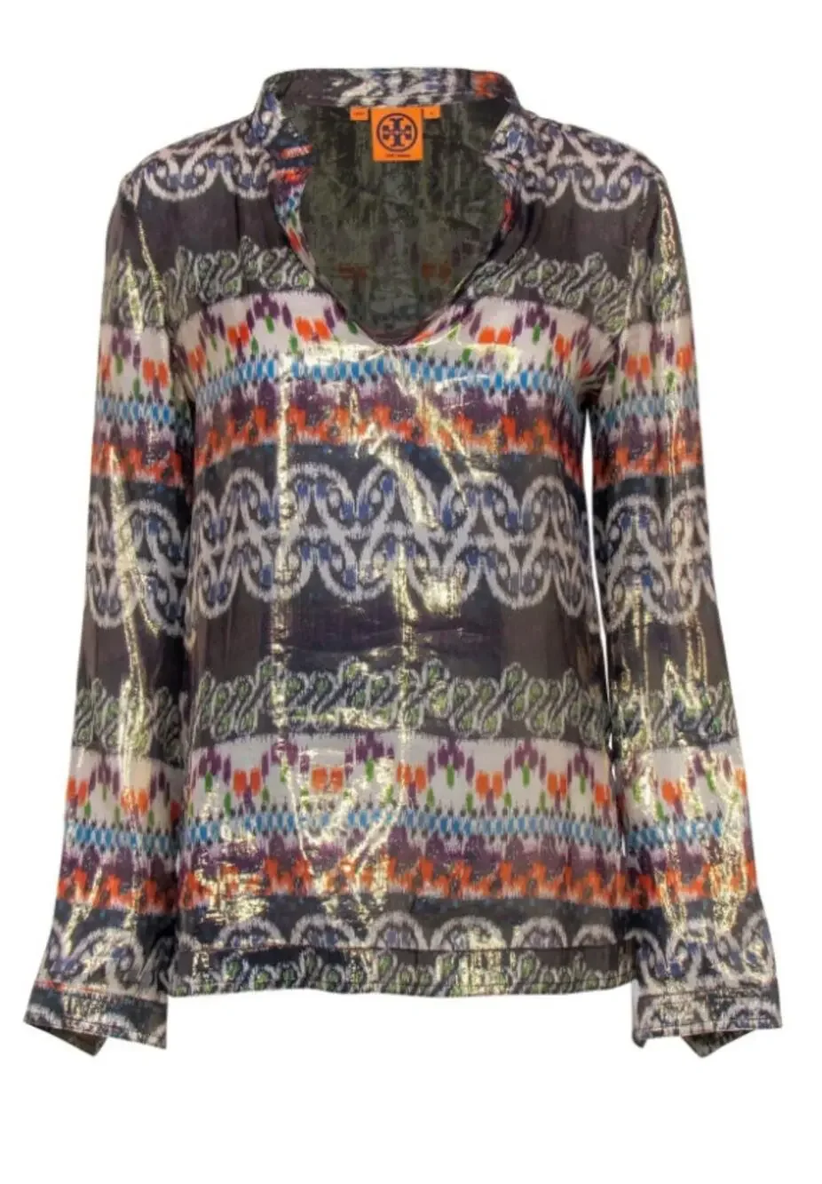 TORY BURCH purple orange green aztec print metallic silk long sleeve top blouse